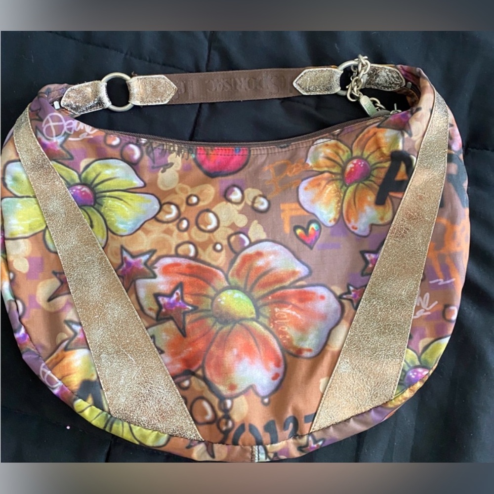 LAMB GWEN STEFANI VINTAGE Floral Brown Crossbody/Shoulder Bag Gold Accents, EUC